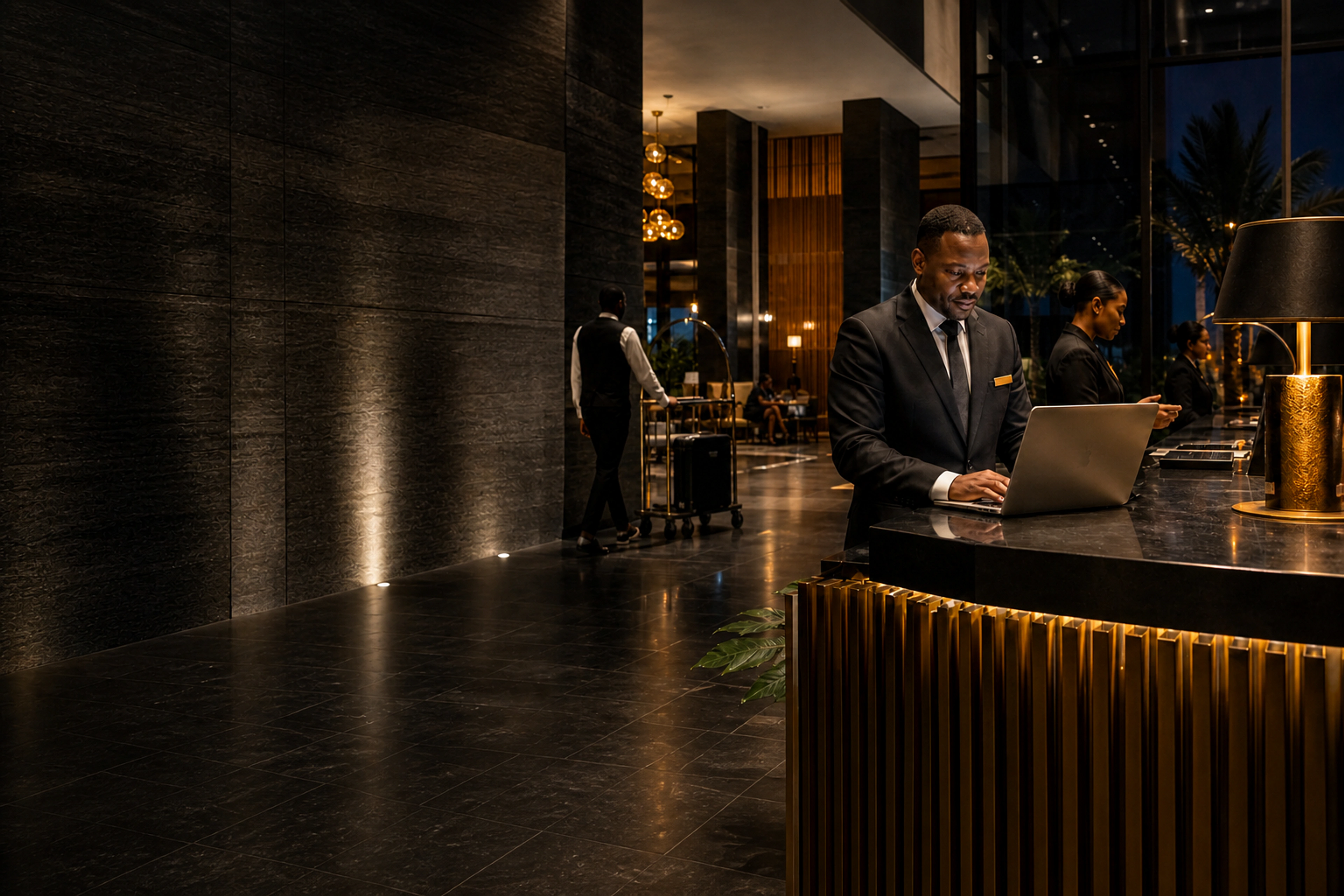 A hotel manager coordinating evening operations from the front desk