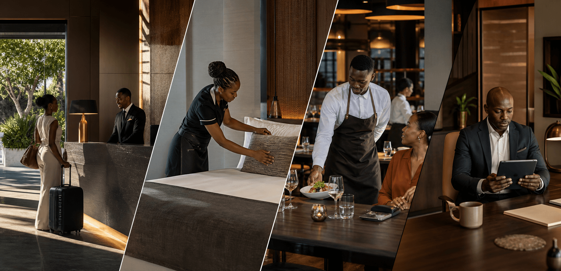 Front desk, housekeeping, restaurant, and hotel management teams working across one property